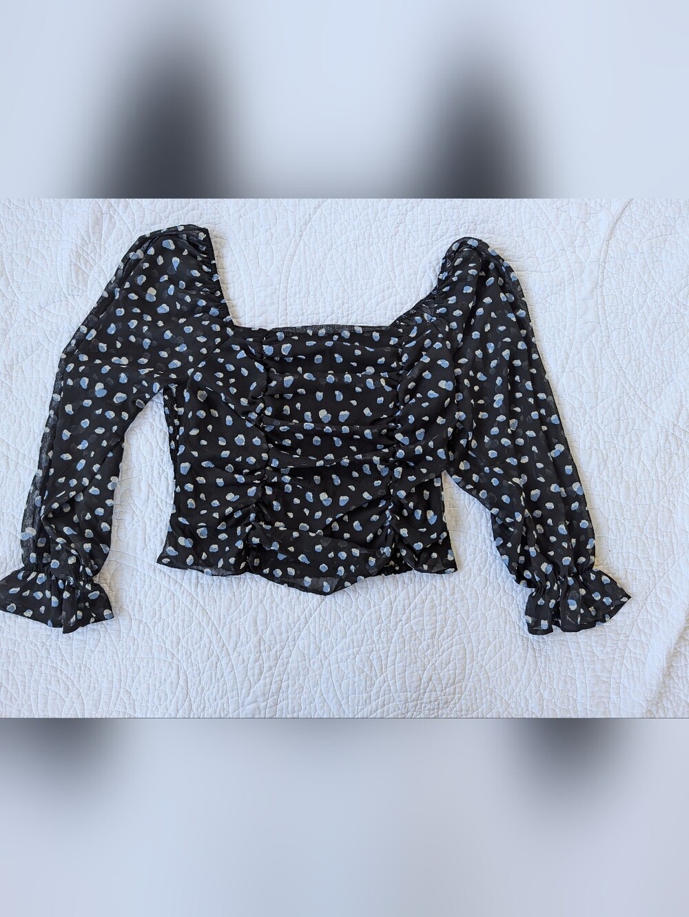 Pleione Black Square-Neck Puff Sleeve Ruched Top with Light Blue Spots